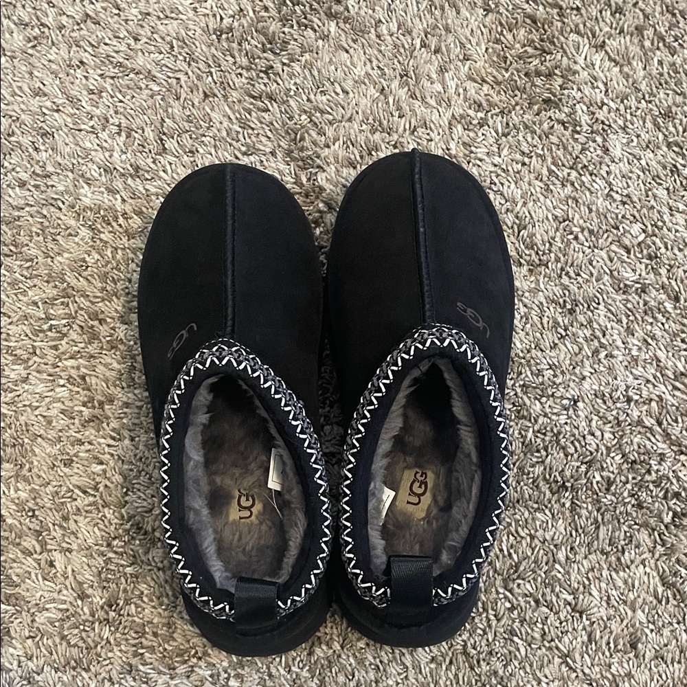 UGG Black Suede Slip-Ons with Fur Trim